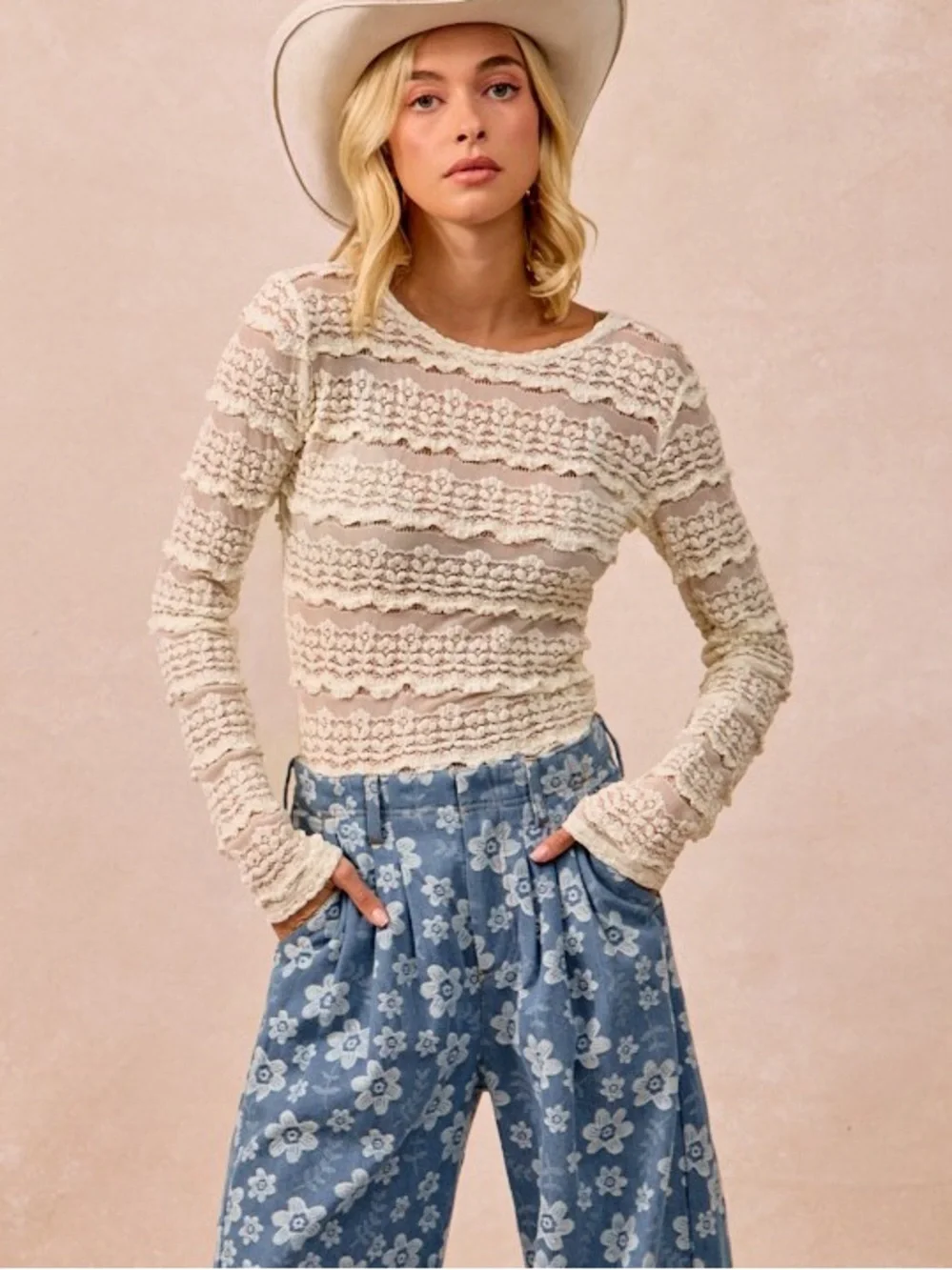 ♥️Hello Gorgeous! BiBi Ruffles Detail Flower Lace Top-Cream-ALMOST GONE - Picture 6 of 9